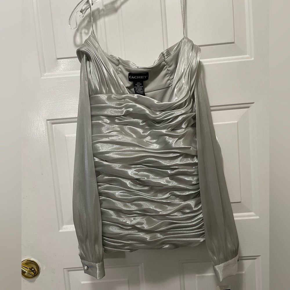 Vintage Fashion Cachet Silver Chiffon Stretch Shirt Blouse Top Lined Size 8 NWT